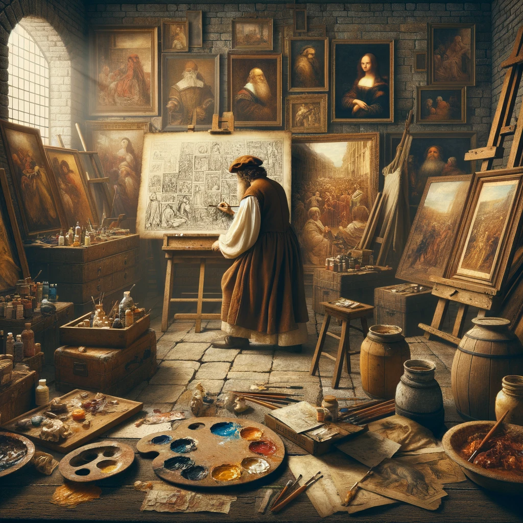 Renaissance artist in a studio, surrounded by oil paintings and tools.
