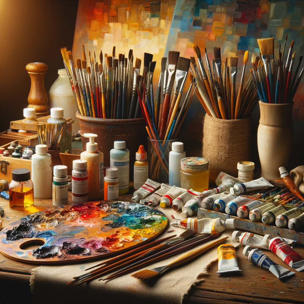A variety of oil painting tools and materials on a wooden table, including paintbrushes, a palette with colorful paints, palette knife, tubes of paint, linseed oil, and a rag, with a partially painted canvas in the background.