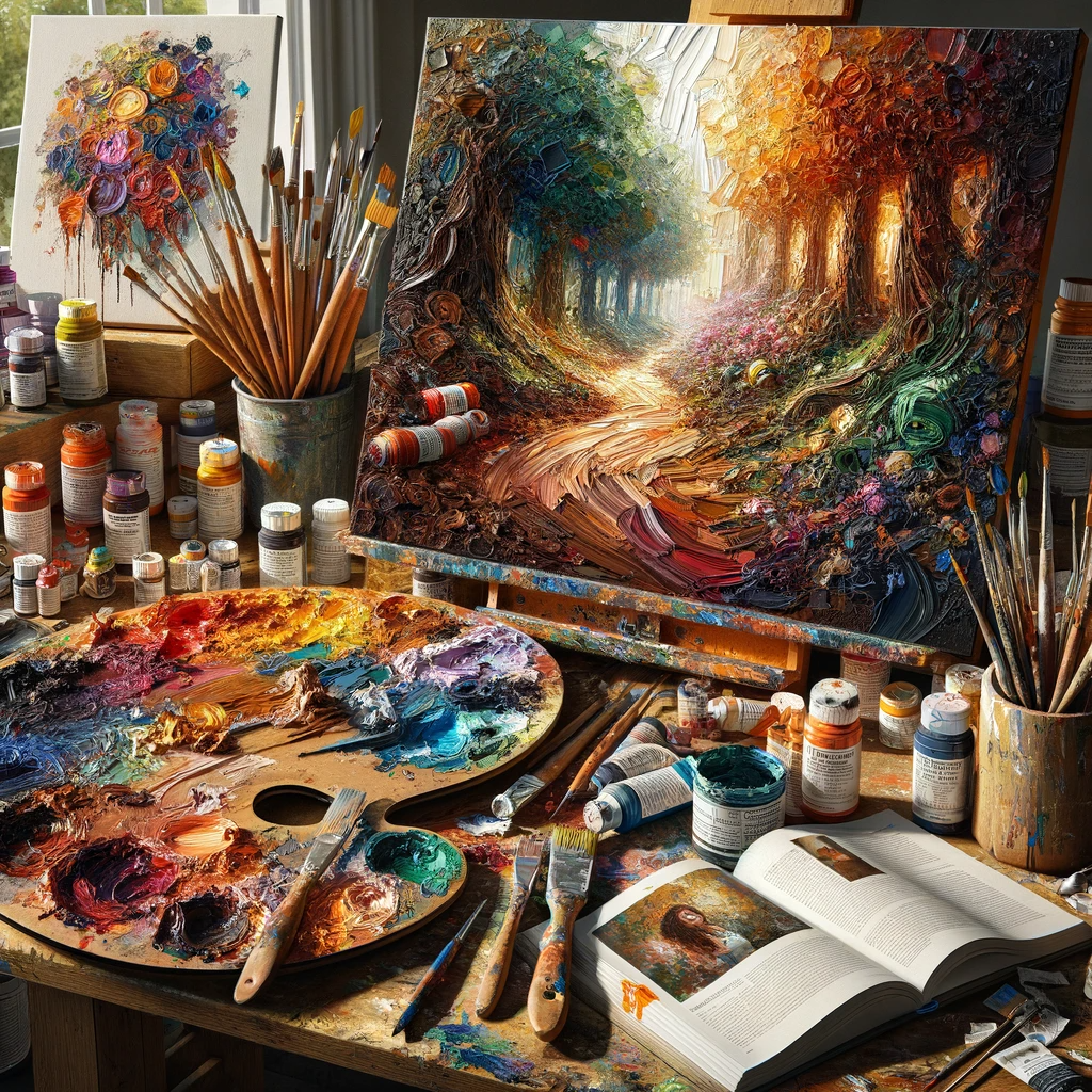 An artist's studio scene showcasing a palette with vibrant oil paints, a variety of brushes, a palette knife, and a canvas demonstrating texture techniques such as impasto and scumbling. Instructional books on oil painting techniques are visible in the background.