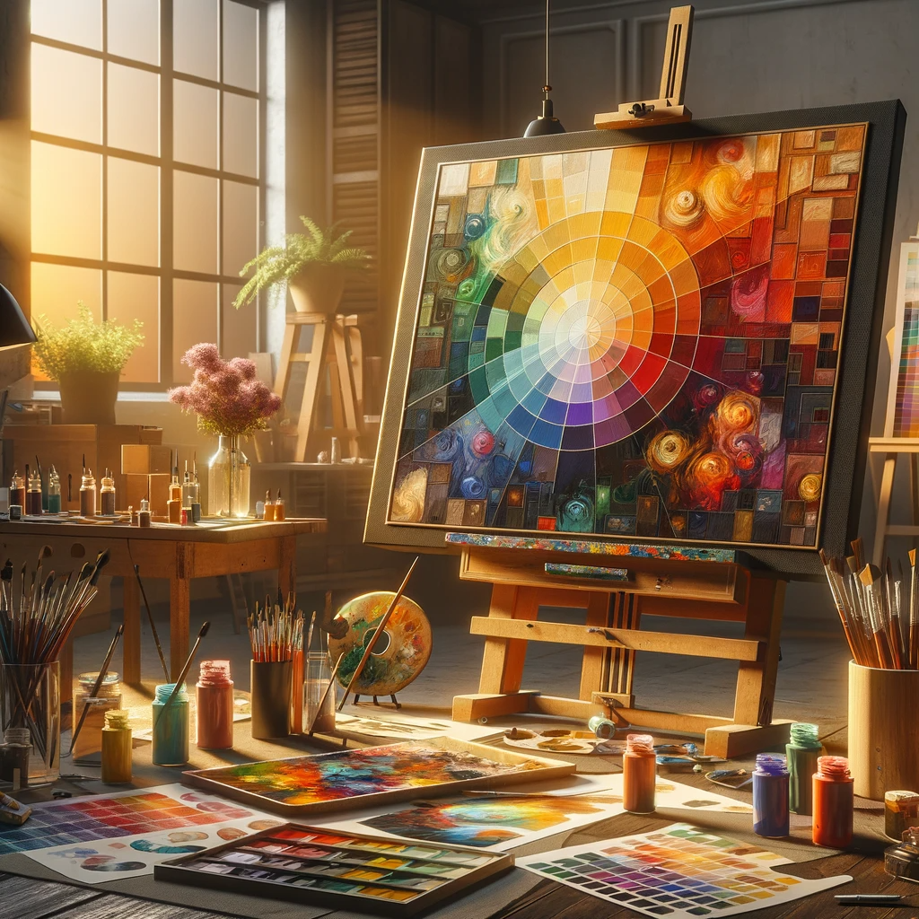 Oil painting canvas on an easel in an artist's studio, surrounded by paint tubes, brushes, a color wheel, and palettes, showcasing vibrant colors and color theory concepts.