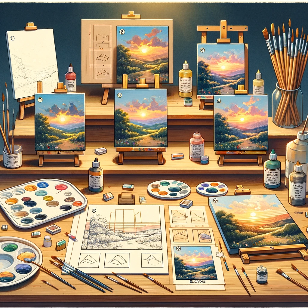 Sequential canvases illustrating stages of oil painting techniques for beginners, set in an art studio with brushes and paint tubes.