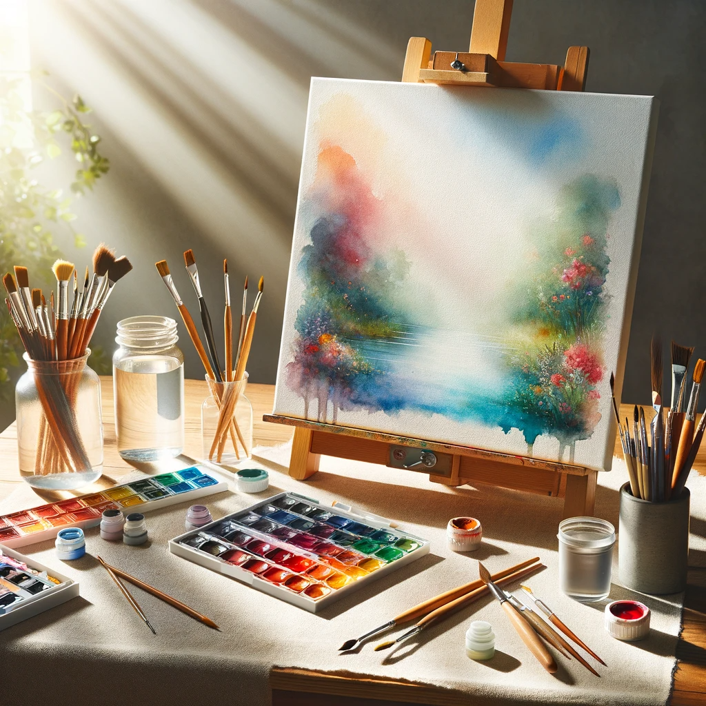 "Artist's workspace with watercolor setup illuminated by sunlight."