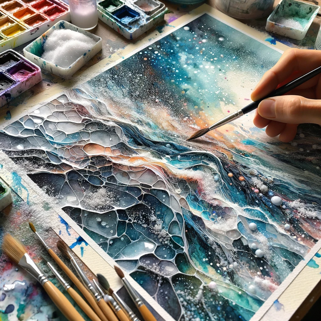 "Close-up of a watercolor painting in progress, showcasing various textures."