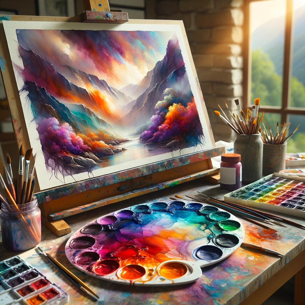 "Artist's palette with vibrant watercolors and a painting demonstrating color harmony."