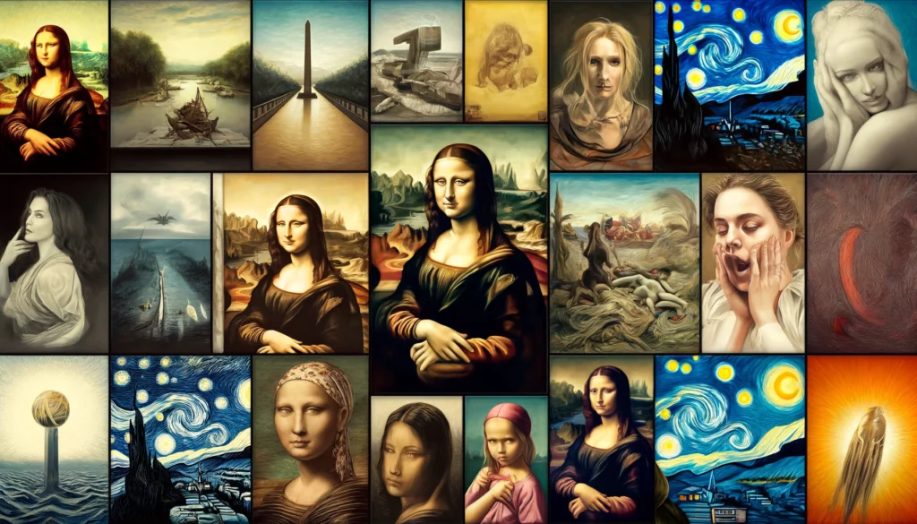 A collage of famous artworks including the Mona Lisa, The Starry Night, The Persistence of Memory, Guernica, The Birth of Venus, Girl with a Pearl Earring, and The Scream.