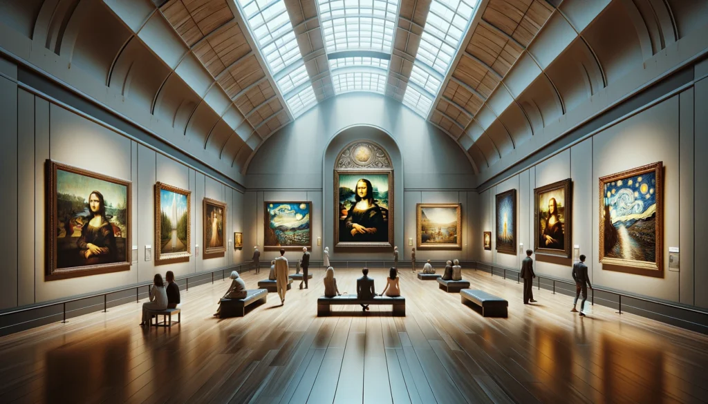 A spacious art gallery with high ceilings showcasing iconic artworks such as the Mona Lisa, Starry Night, The Persistence of Memory, The Scream, and The Birth of Venus. Visitors are admiring the paintings, with some taking notes and others in discussions.