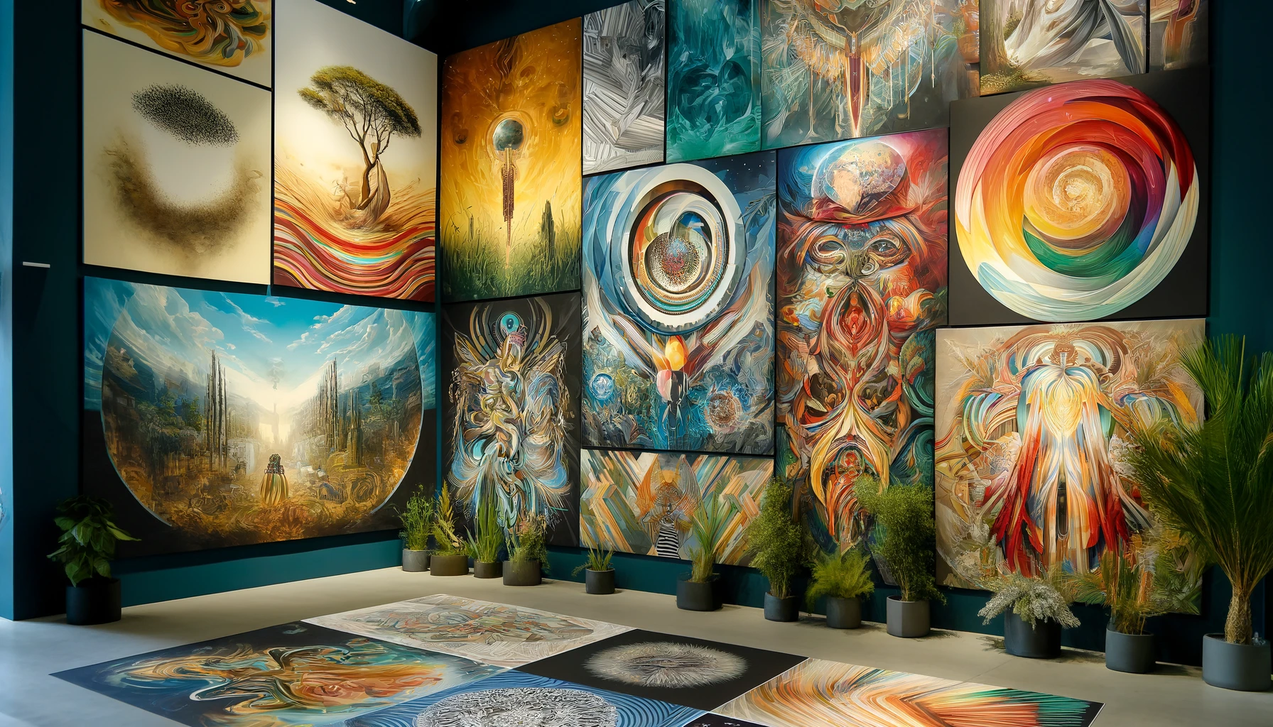 A vibrant and eclectic collection of stunning artwork designs in a gallery setting, featuring abstract paintings, nature-inspired patterns, cultural art pieces, and modern installations.