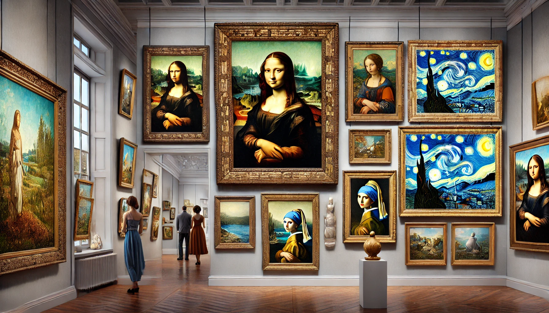 Gallery showcasing famous oil paintings: Mona Lisa, Starry Night, The Persistence of Memory, and Girl with a Pearl Earring; visitors admiring the art.