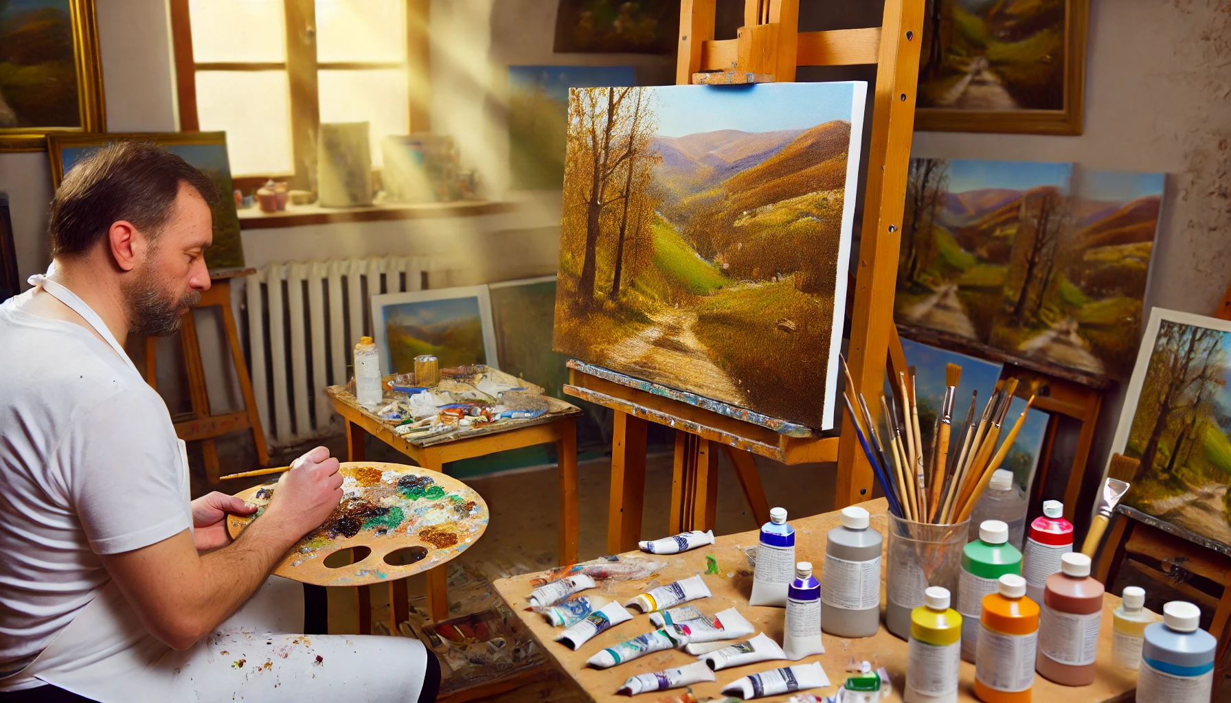 Painter's studio with an easel and realistic landscape oil painting, surrounded by art supplies like paint tubes, brushes, and palettes, with sunlight streaming through a large window.