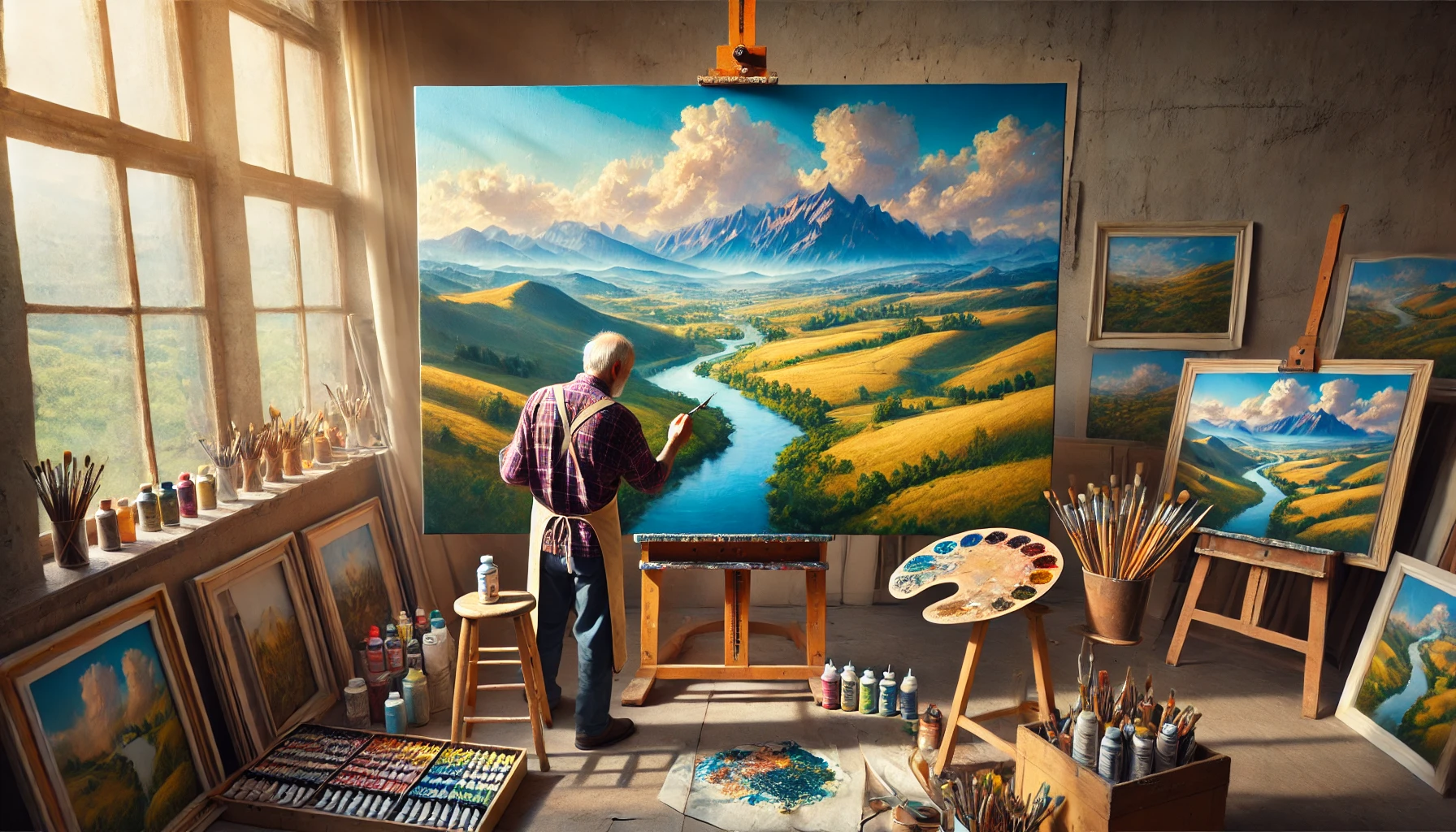 An artist's studio with a vibrant oil painting in progress, showing a landscape with hills, a mountain range, and a winding river, illuminated by sunlight.