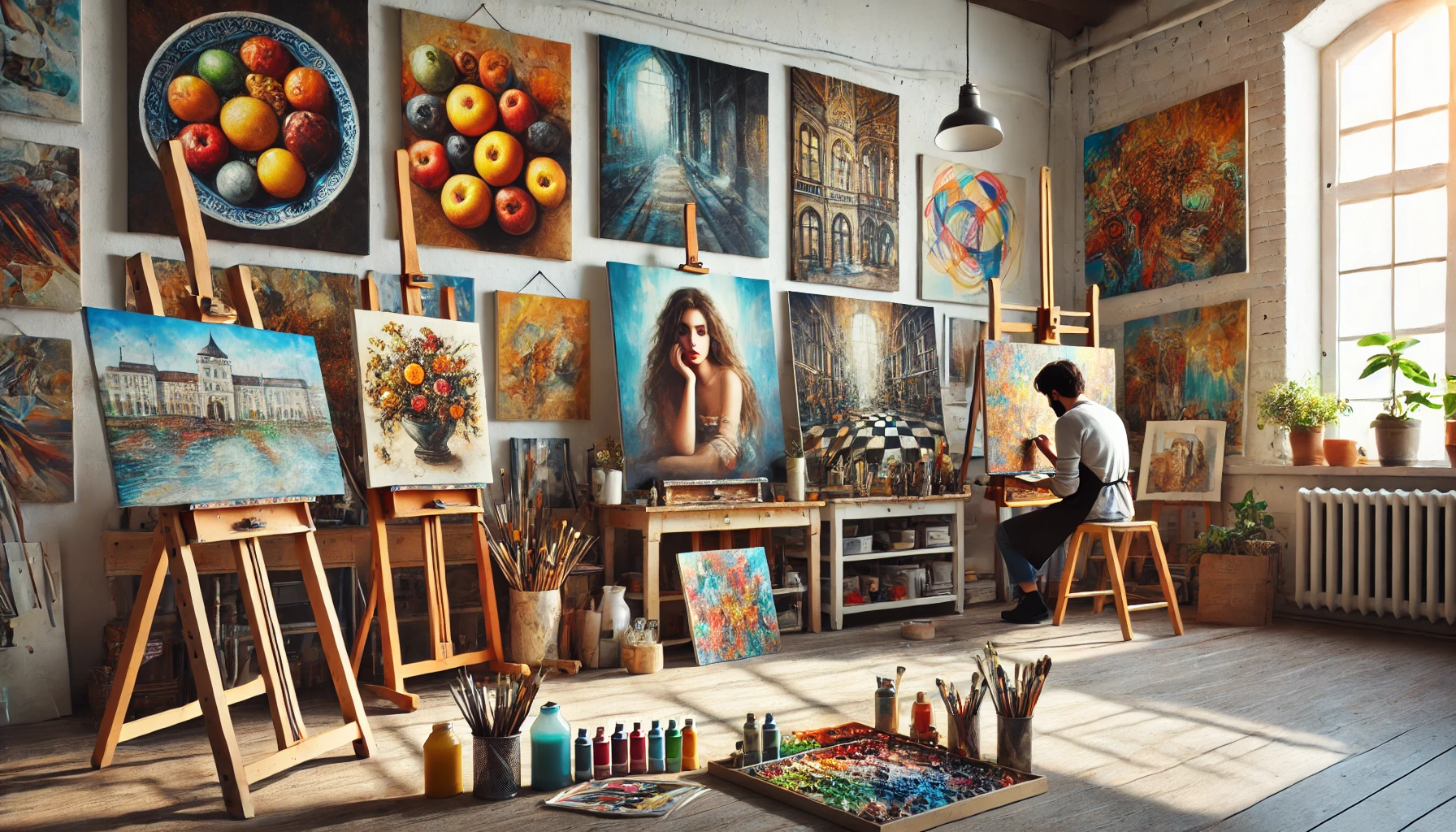 An artist's studio featuring oil paintings of a still life with fruit, a woman's portrait, and an abstract piece, with art supplies and natural light streaming through large windows.